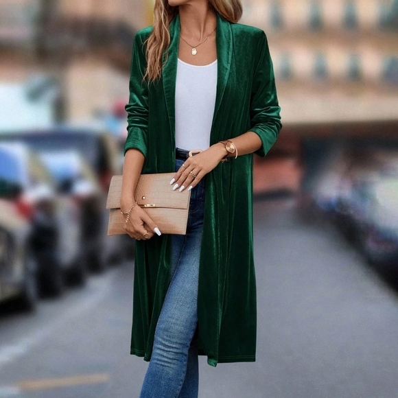 Collar Open Front Velvet Coat - Picture 5 of 5